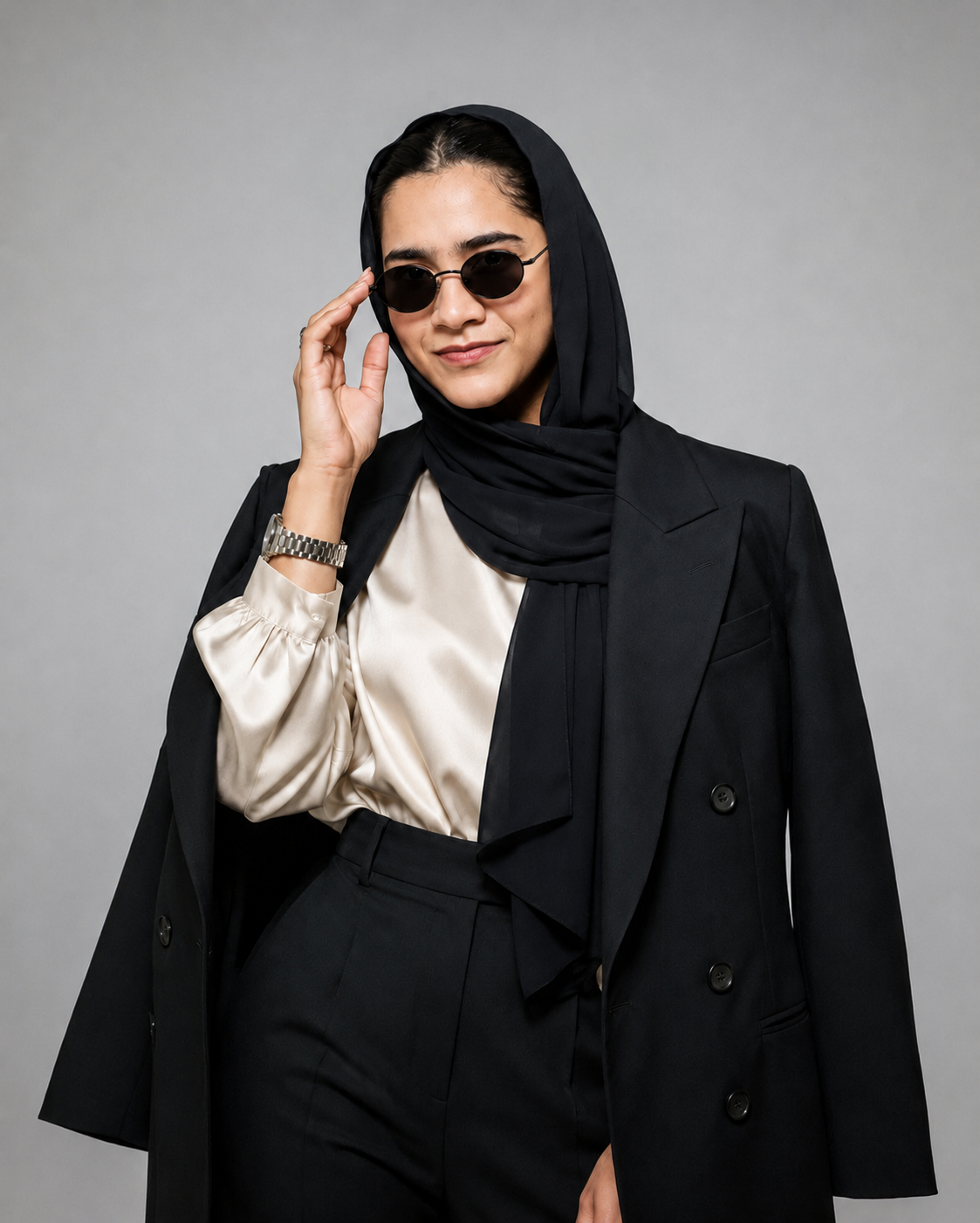 Digital Marketing Strategist in Kannur wearing a black blazer, ivory satin blouse, black hijab, and sunglasses in a professional studio portrait.